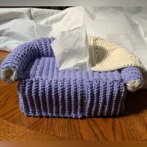 Cozy Knit Tissue Box Cover - Purple and Cream